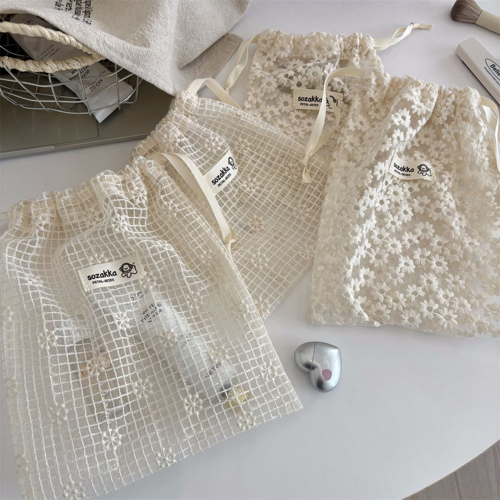 Travel Accessories Holder - Lace Embroidered Daisy Mesh Drawstring Makeup
